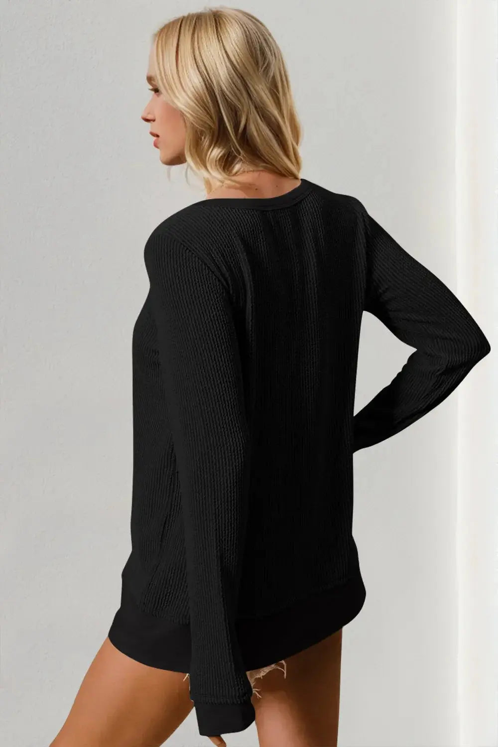 Double Take Corded Rib Thumbhole Cuff Round Neck T-Shirt - Love Salve
