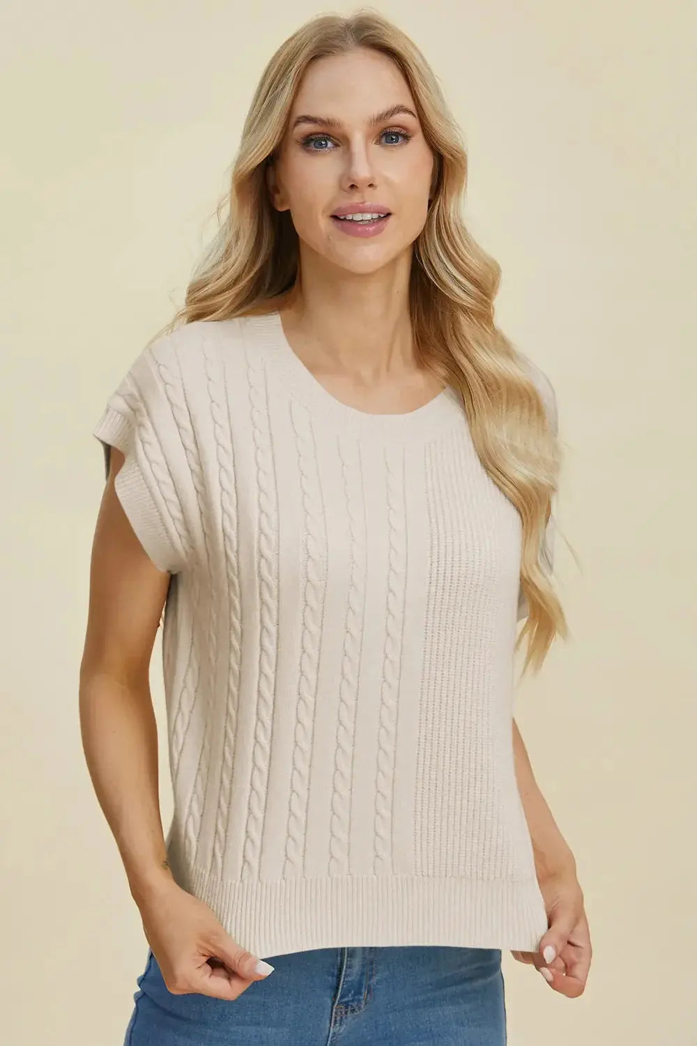 Double Take Full Size Cable-Knit Round Neck Short Sleeve Sweater - Love Salve