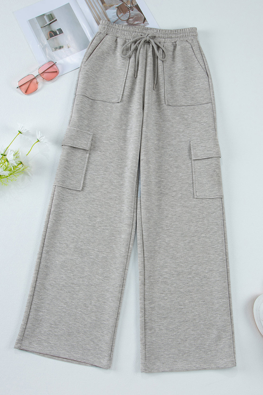 Light grey high waist lace-up wide leg pants with pockets