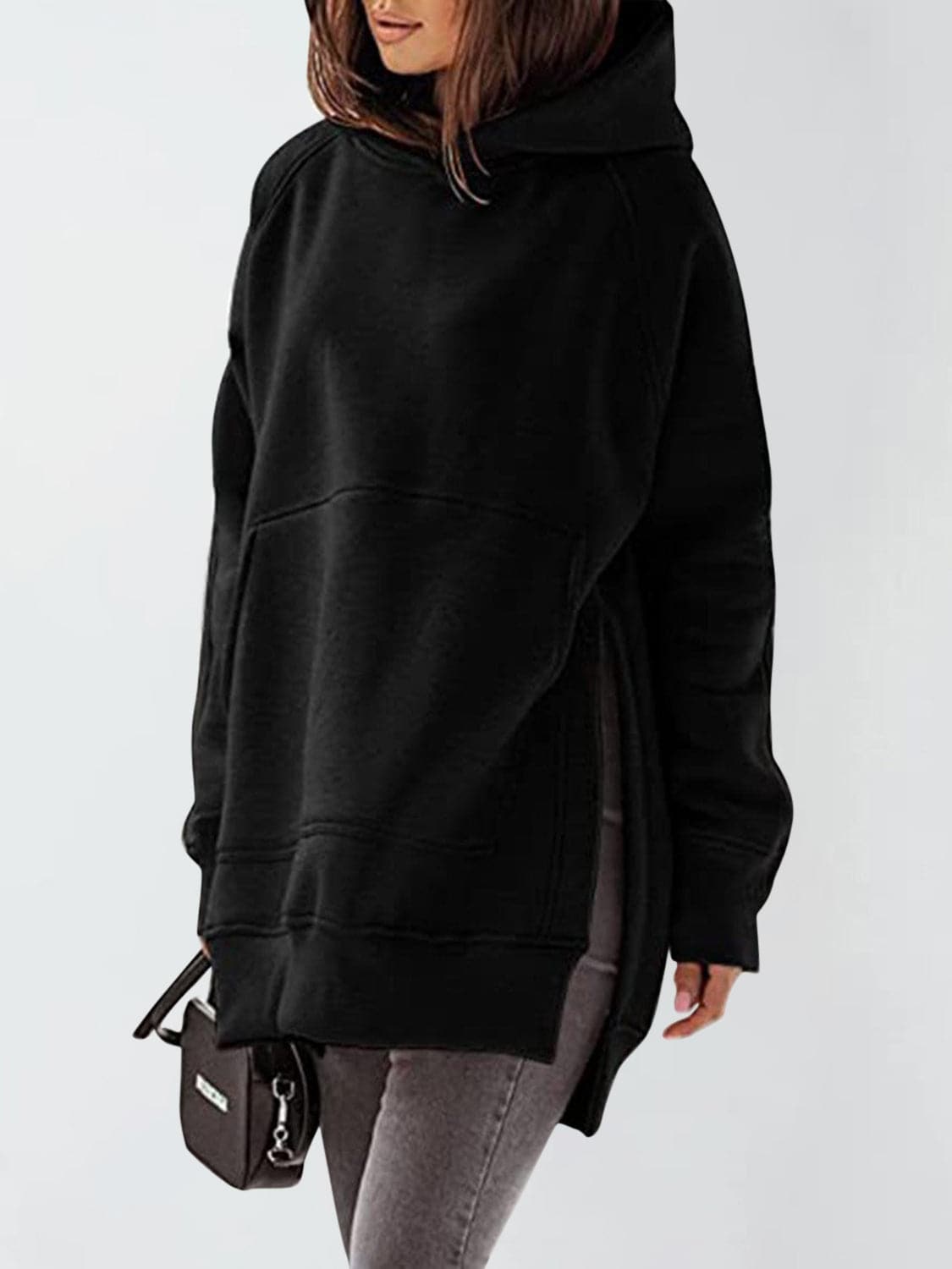 Slit Pocketed Raglan Sleeve Hoodie.