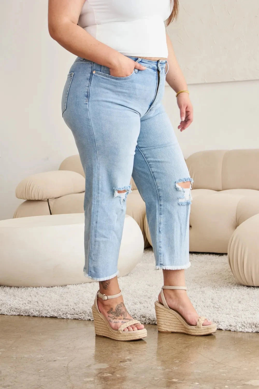 RFM Full Size Tummy Control High Waist Raw Hem Distressed Jeans Coco’s Tee Boutique