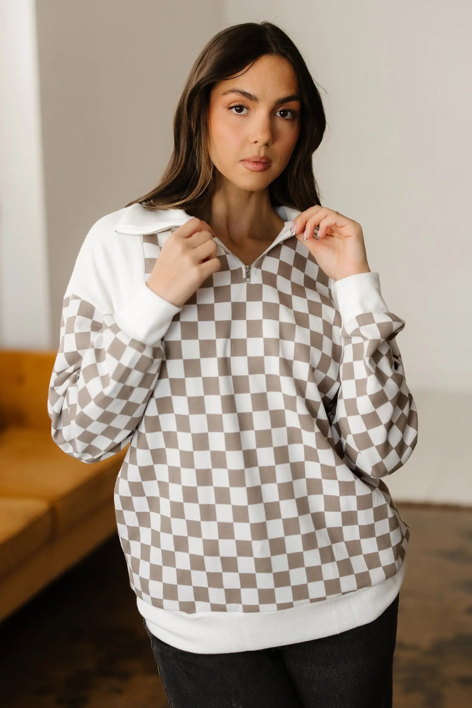Khaki Checkered Print Quarter Zip Ribbed Patchwork Loose Sweatshirt Dear-Lover Dropshipping