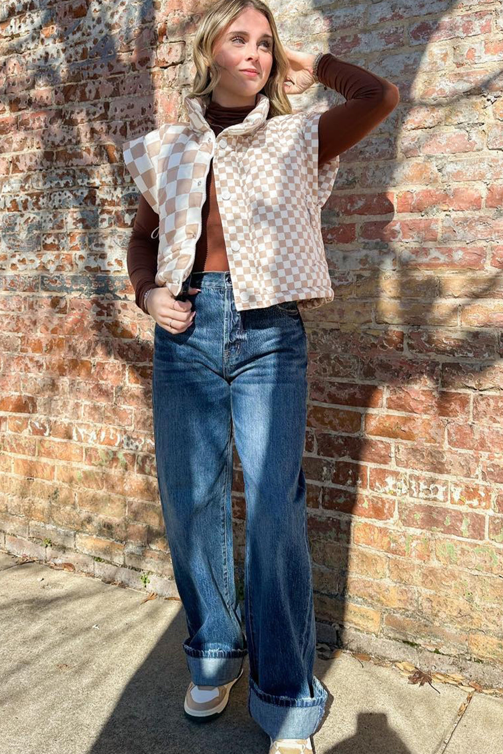 Khaki Contrast Plaid Quilted Button Zip Up Vest For Women Dear-Lover Dropshipping