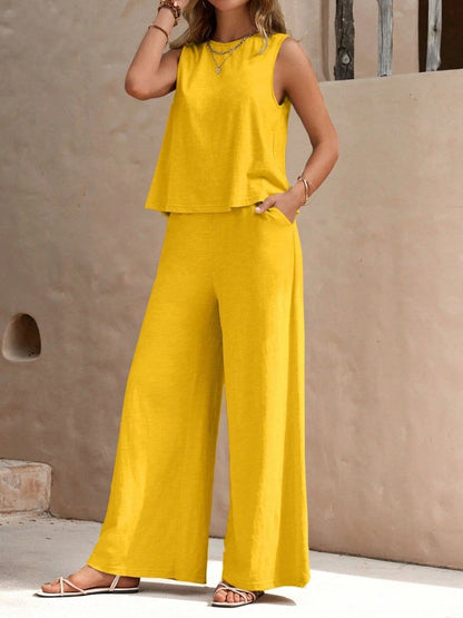 Round Neck Sleeveless Top and Wide Leg Pants Set.