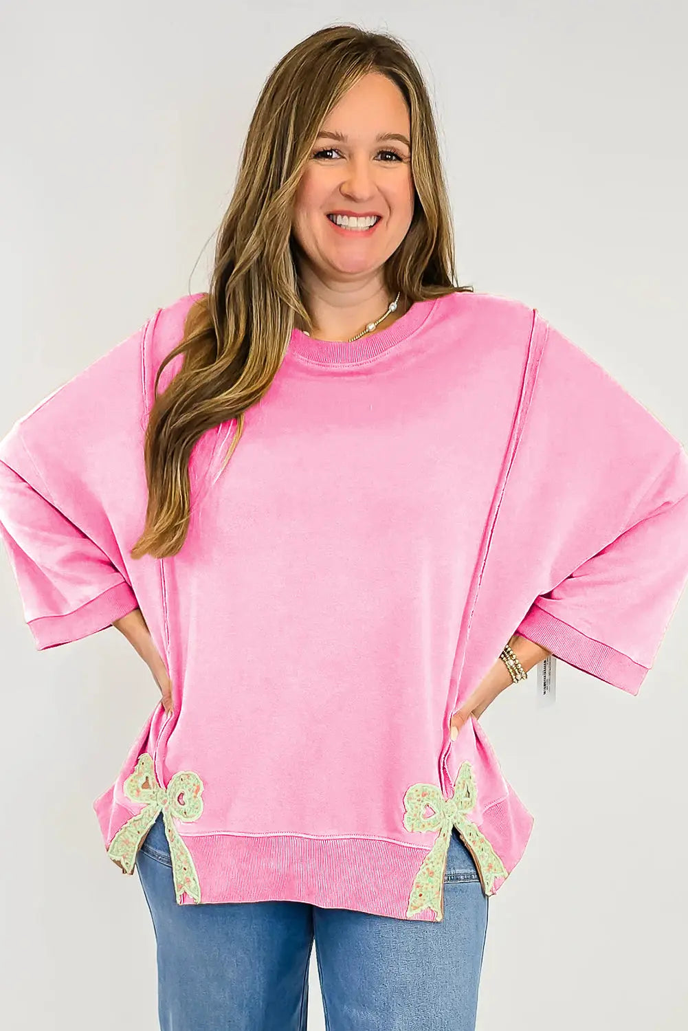 Pink Floral Bow Patched Patchwork Exposed Seam Slit Baggy Sweatshirt Dear-Lover Dropshipping