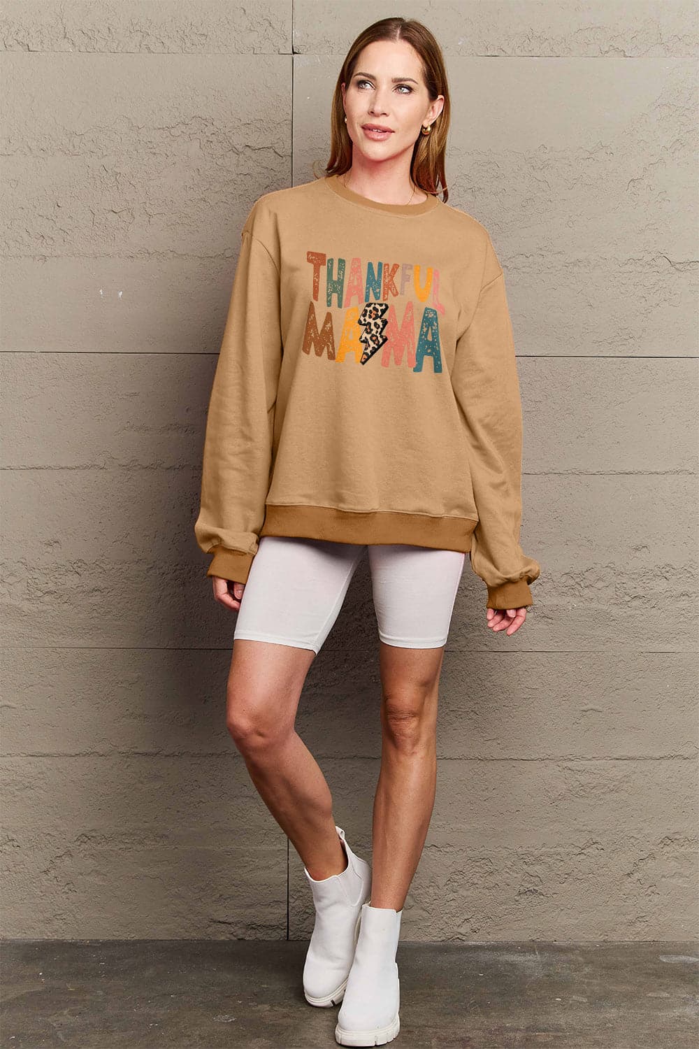 Simply Love Full Size Letter Graphic Long Sleeve Sweatshirt.