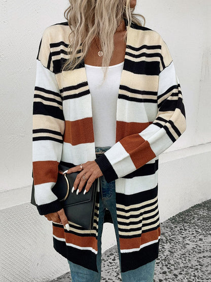 Striped Open Front Drop Shoulder Cardigan.