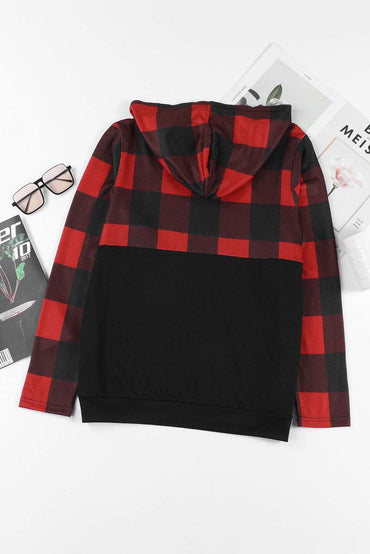 Drawstring Plaid Half Zip Hoodie.