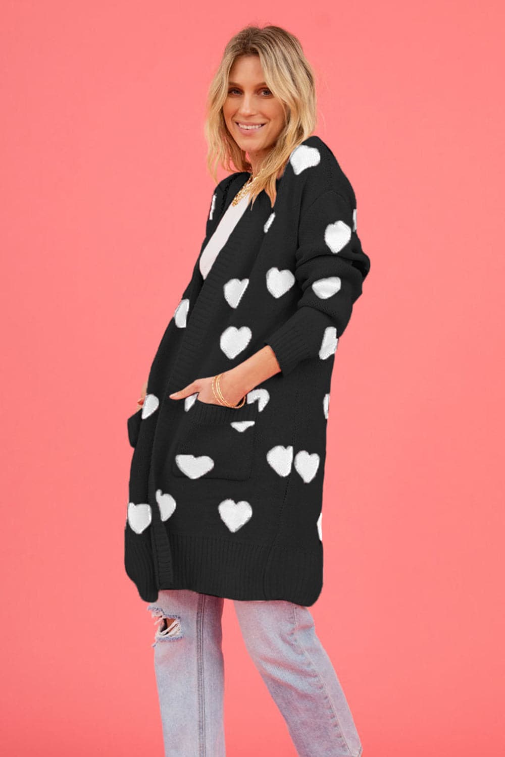 Heart Graphic Open Front Cardigan with Pockets.