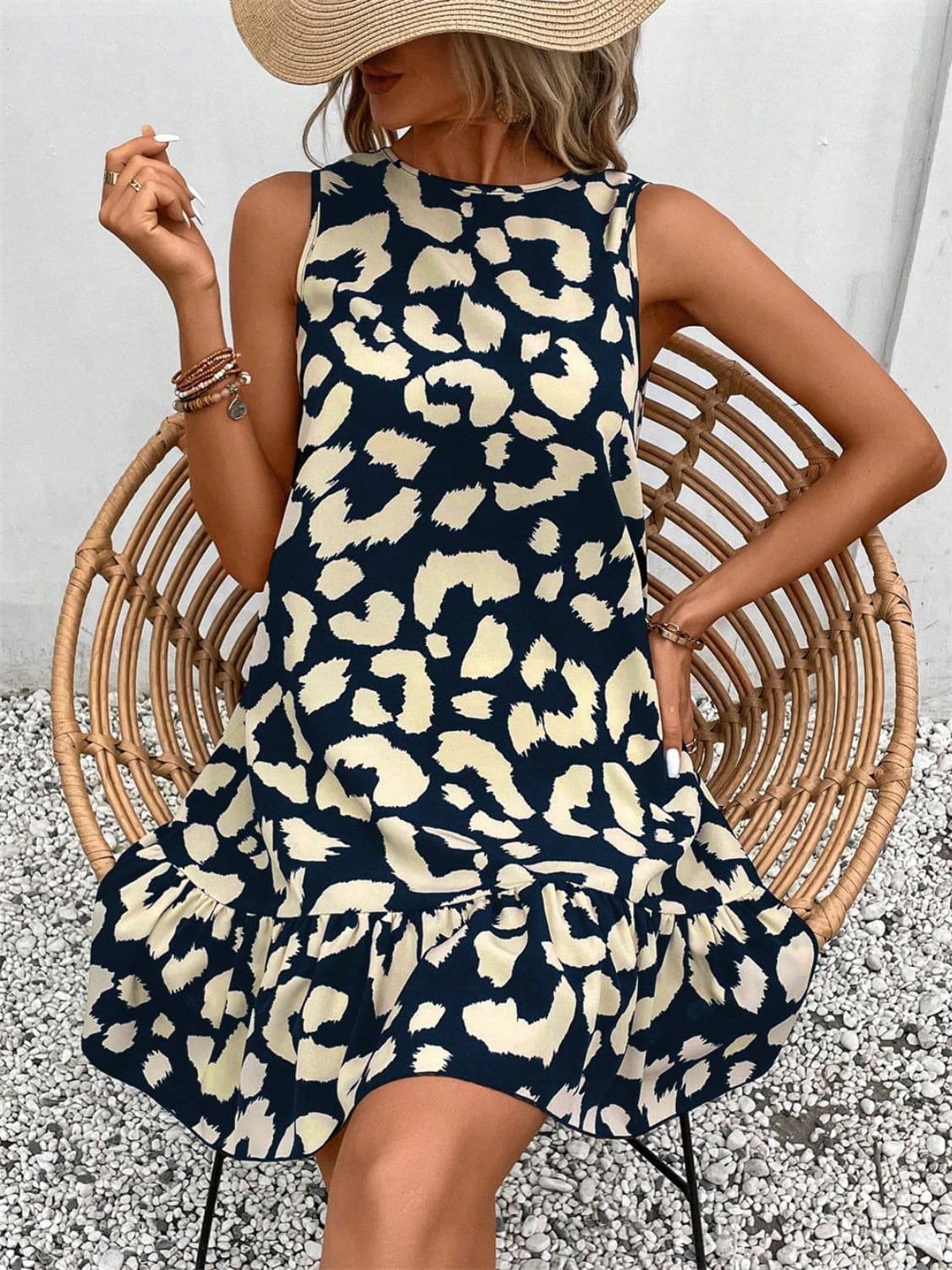 Tied Leopard Round Neck Tank Dress.