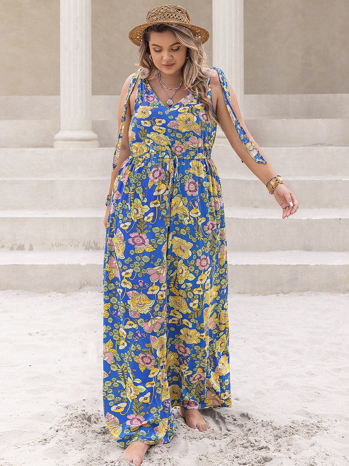 Plus Size Printed V-Neck Wide Leg Jumpsuit.