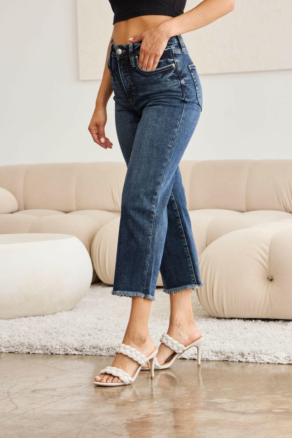 RFM Full Size Tummy Control High Waist Raw Hem Jeans.