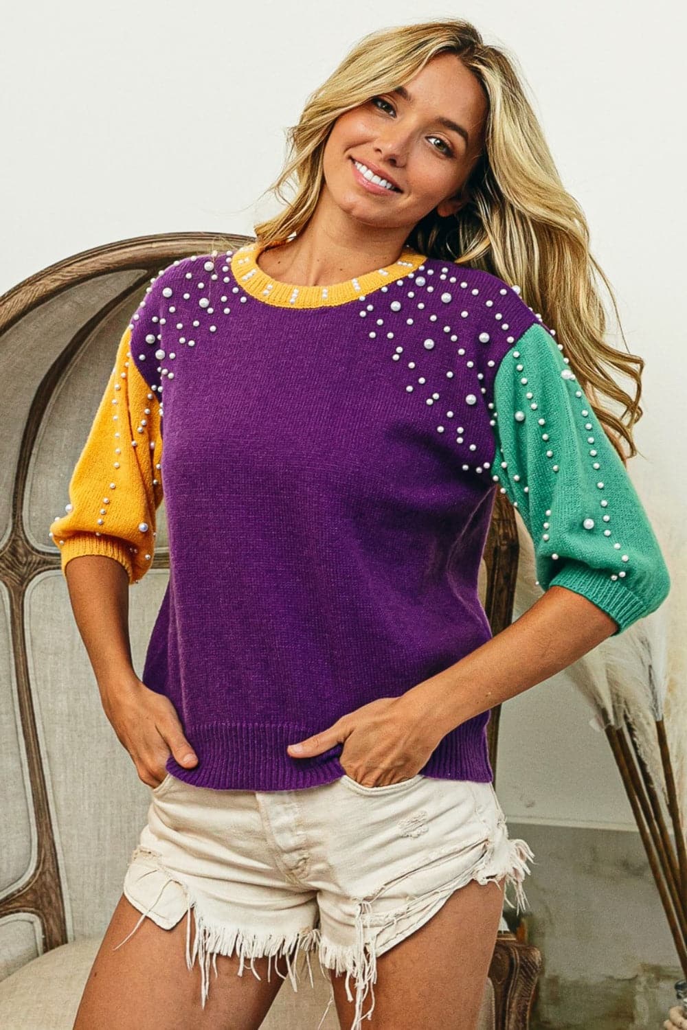 BiBi Color Block Pearl Detail Round Neck Sweater.