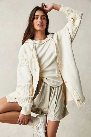 Beige knit patchwork hooded coat with functional design