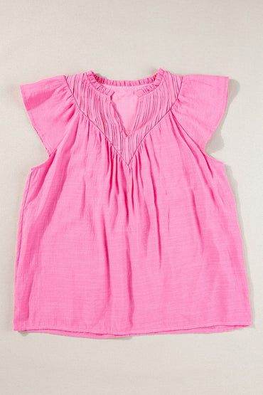 Ruffled Notched Cap Sleeve Blouse.