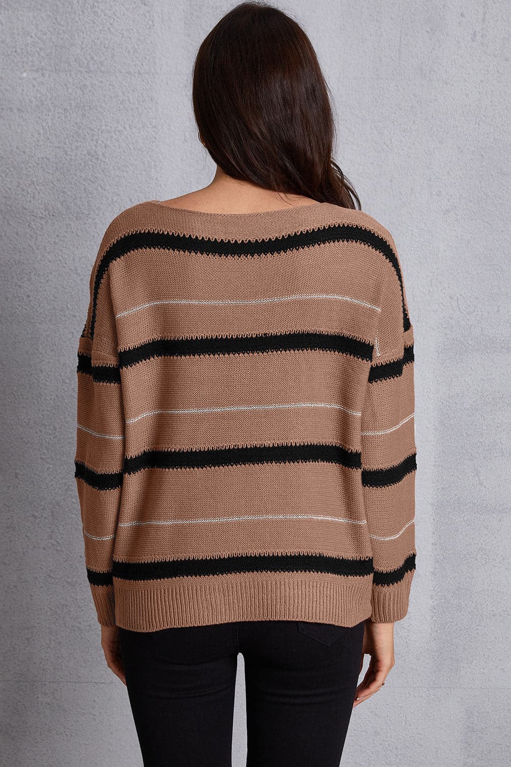 Striped Round Neck Dropped Shoulder Sweater.