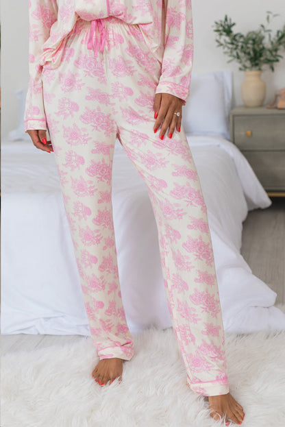 Charming pink floral pajama set with long sleeves and matching pants