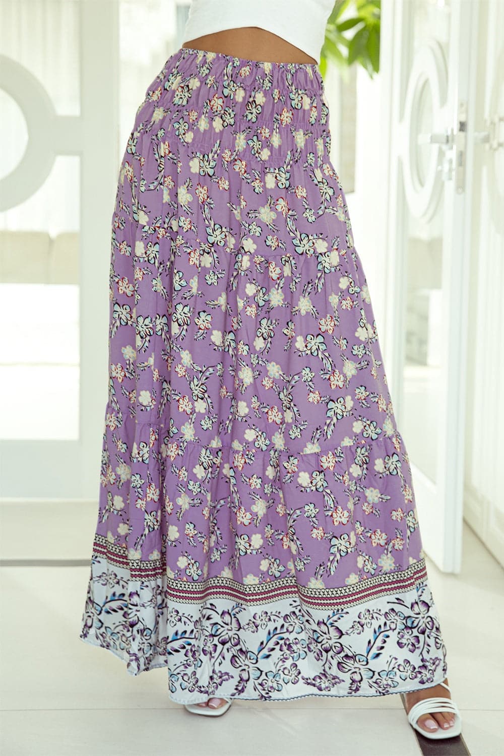 Tiered Printed Elastic Waist Skirt.