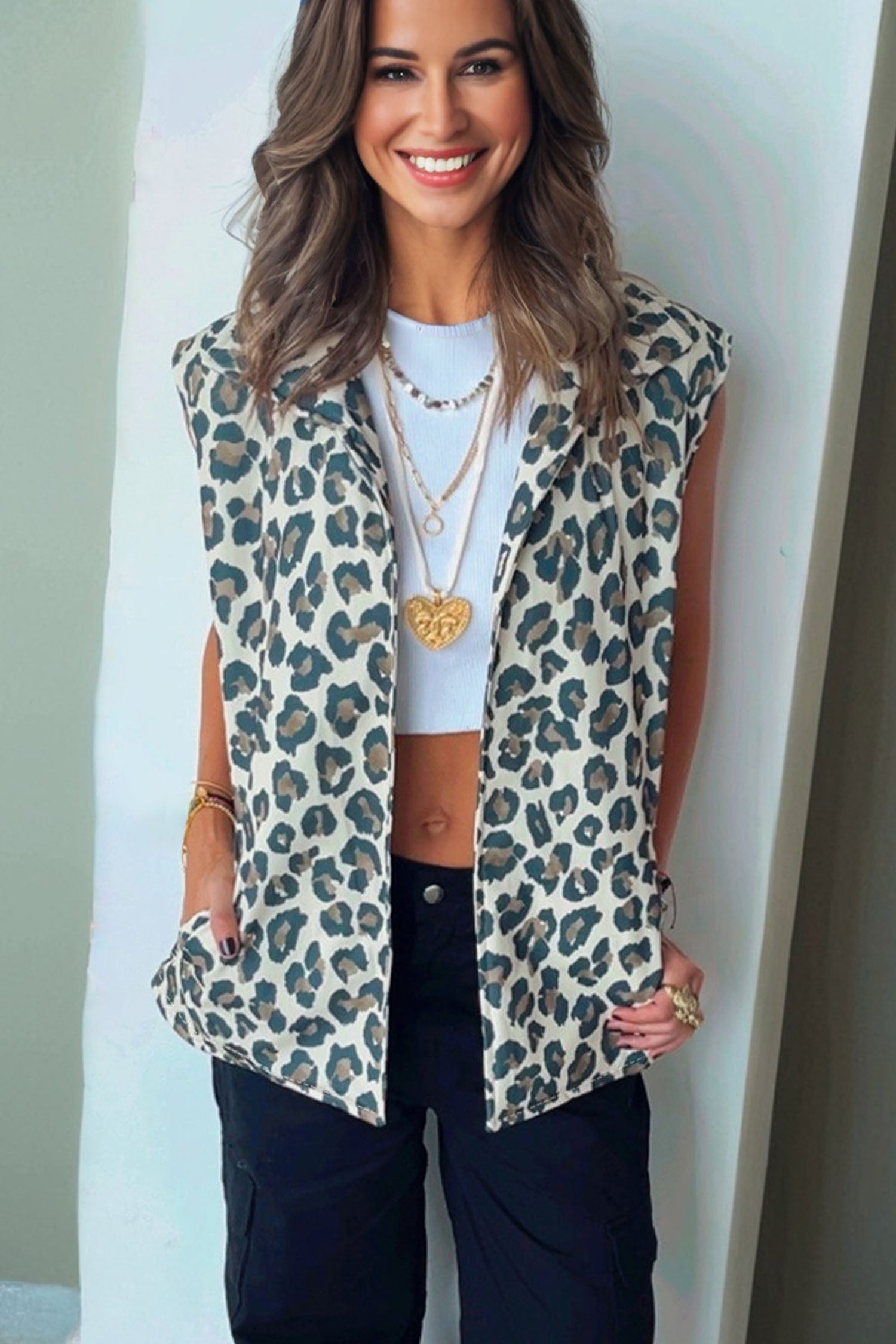 Brown Leopard Print Open Front Jacket Vest For Women Dear-Lover Dropshipping