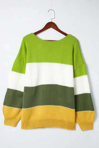 Chic green plus size patchwork sweater with color block design