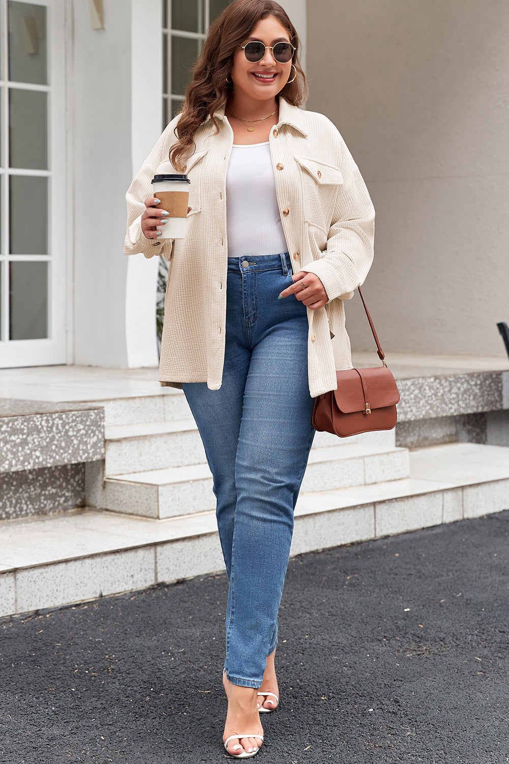 Oatmeal Textured Shacket With Buttoned Pockets Plus Size Dear-Lover Dropshipping