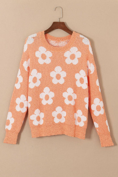 Flower Round Neck Dropped Shoulder Sweater.