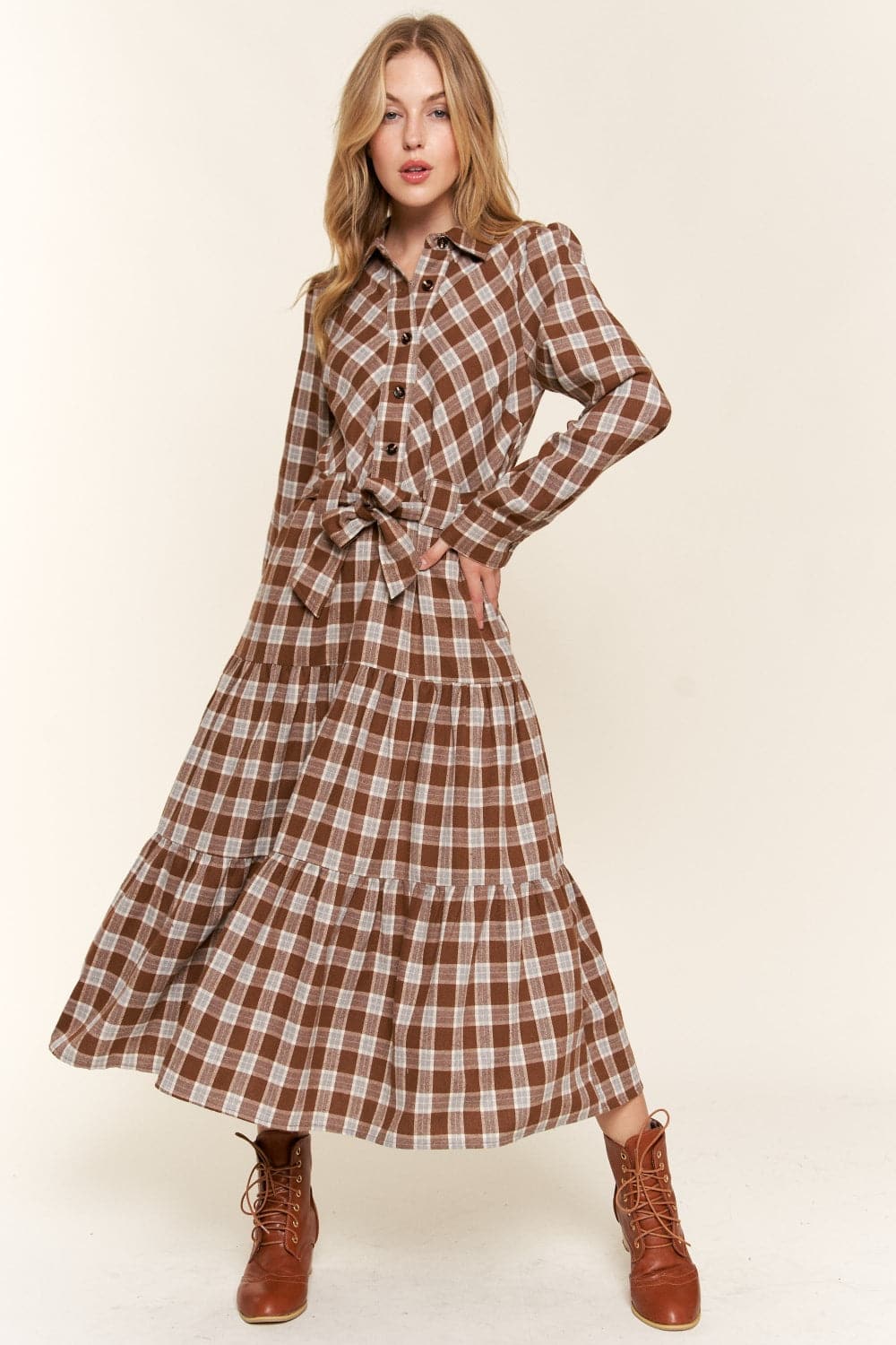 Chic plaid tiered midi shirt dress for effortless style