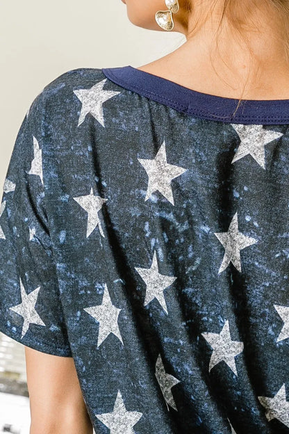 BiBi Vintage Star Print Top With Contrast Caged Neck - Love Salve 