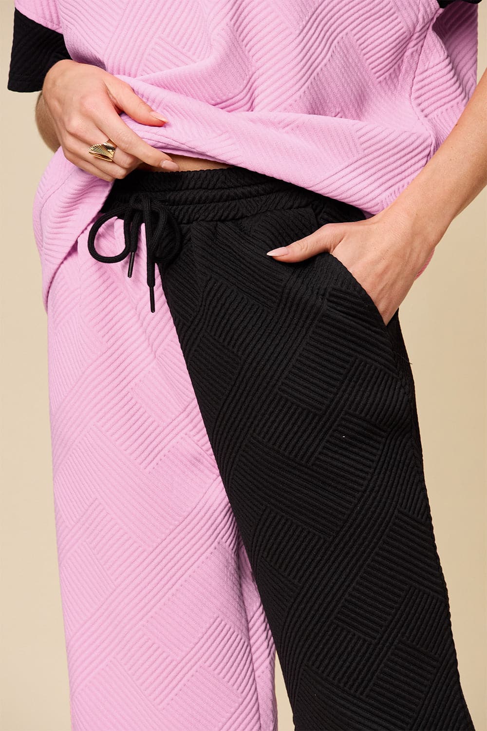 Double Take Full Size Texture Contrast T-Shirt and Wide Leg Pants Set.