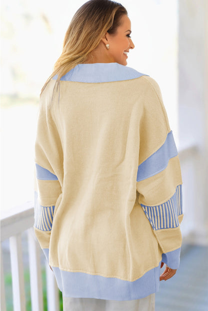 Sky Blue Stripe Color Block Knit Polo Collar Sweater