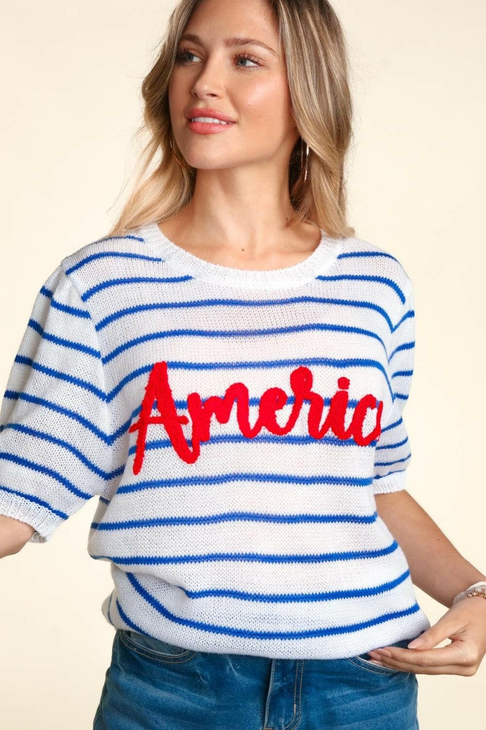 Haptics Letter Embroidery Striped Knit Top.