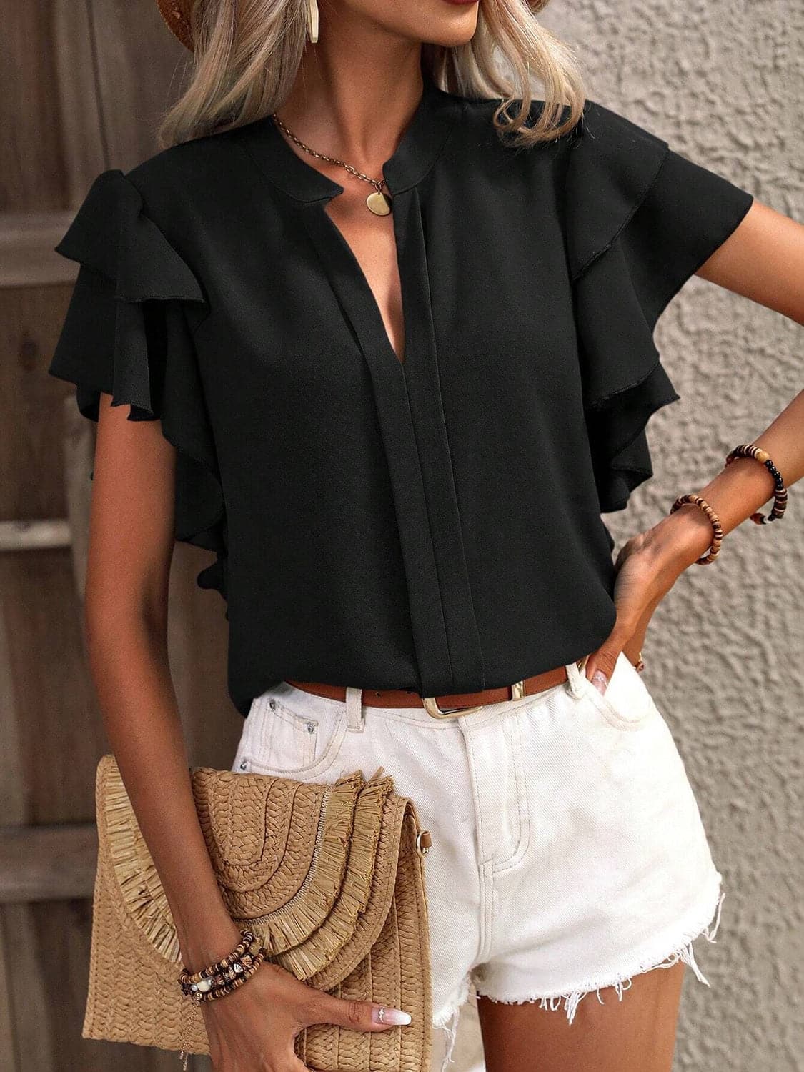 Ruffled Notched Short Sleeve Blouse.