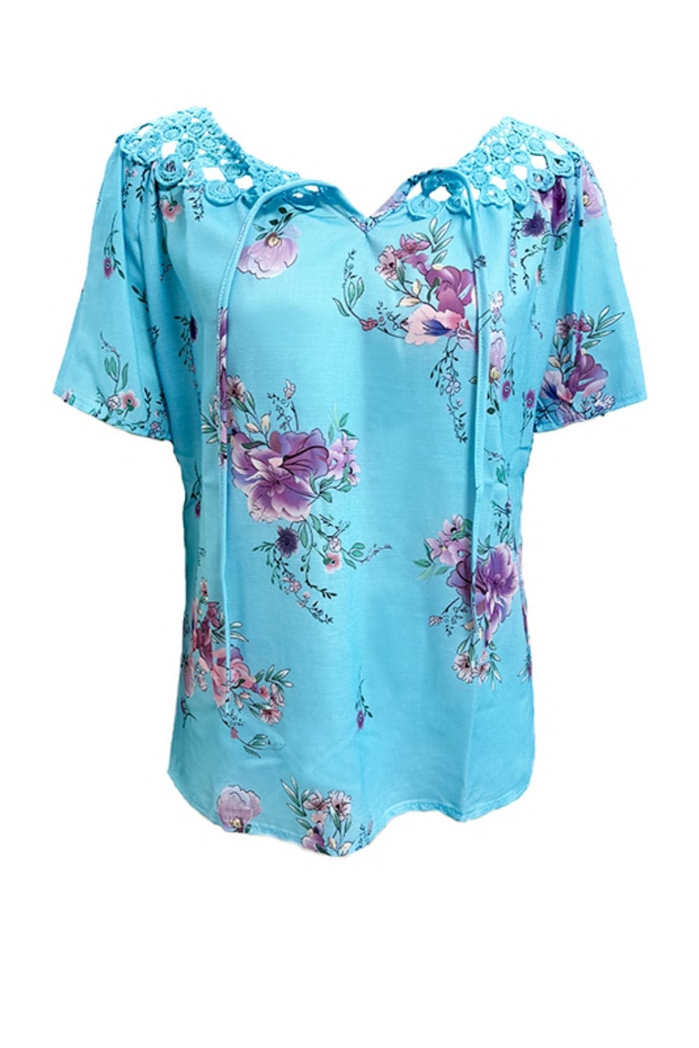 Full Size Printed Tie Neck Short Sleeve Blouse.