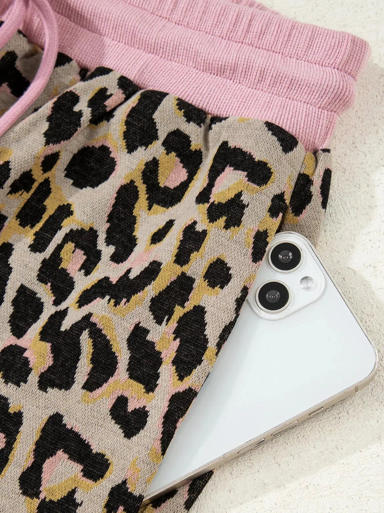 Leopard Print Lounge Set With Pink Trim Drawstring Shorts And Long Sleeve Top Simply Love