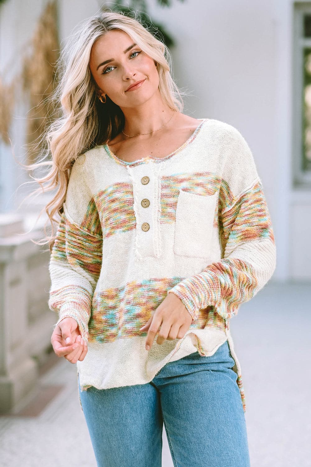 High-Low Half Button Dropped Shoulder Sweater.