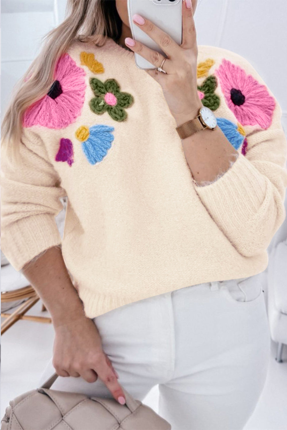 Cozy beige plus size floral crochet pullover sweater