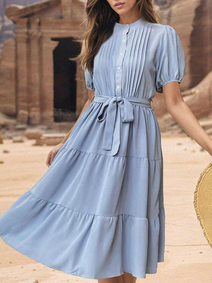 Tie Waist Puff Sleeve Midi Dress.