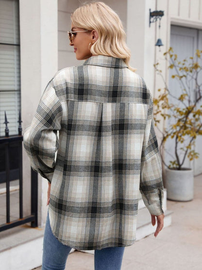 Plaid Collared Neck Long Sleeve Shirt.