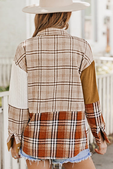 Orange plaid patchwork shirt jacket