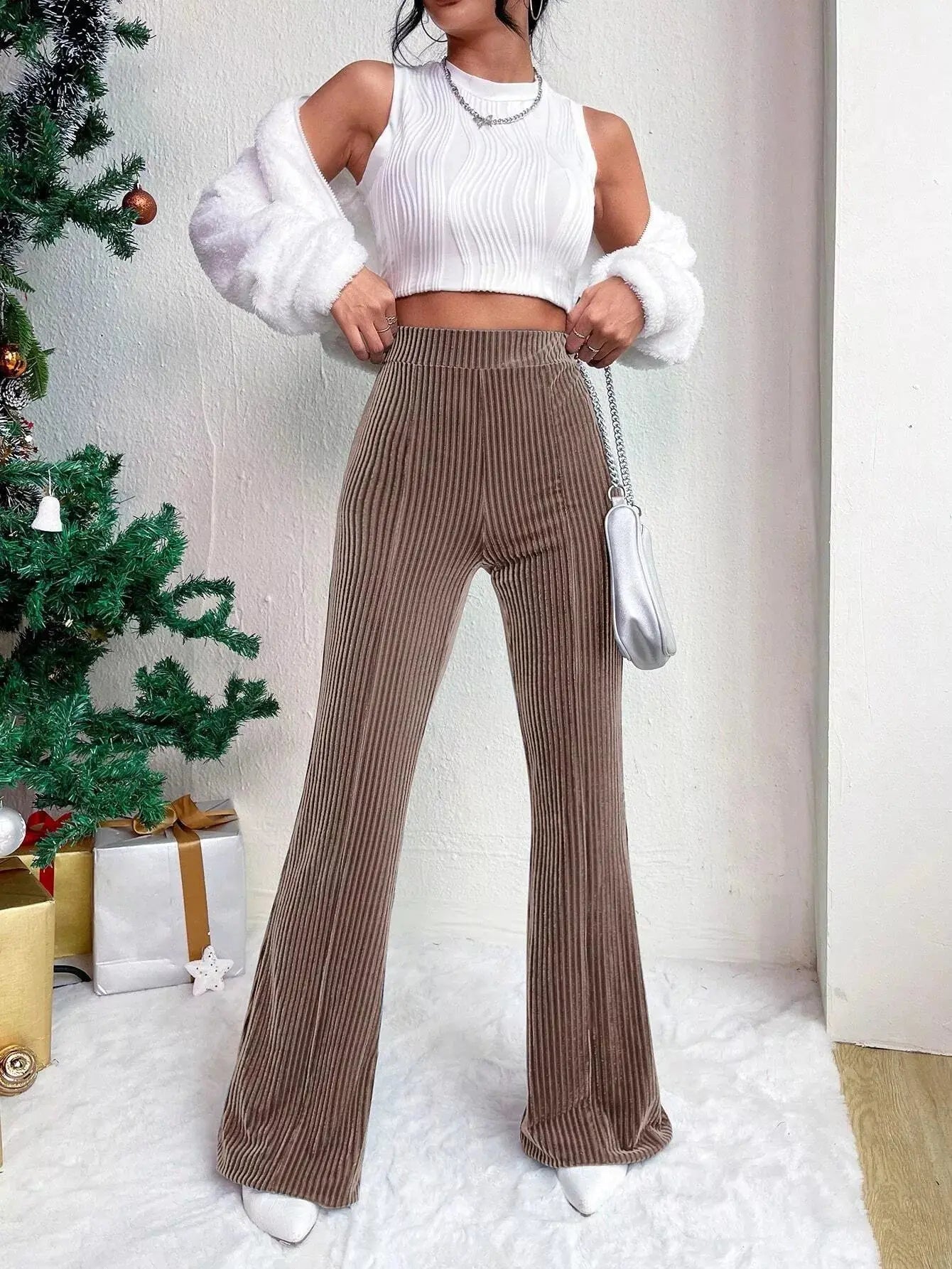 Womens Stretch Corduroy High Waist Wide Leg Flare Pants Simply Love