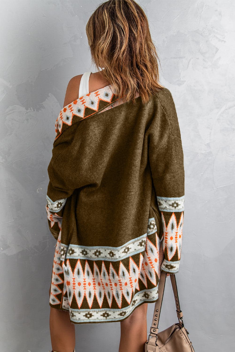 Geometric Open Front Long Sleeve Cardigan.