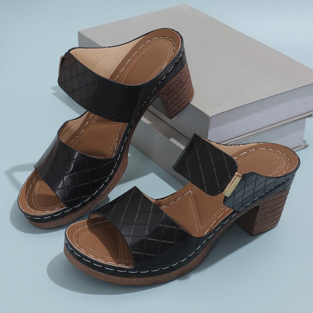 PU Leather Block Heel Sandals.