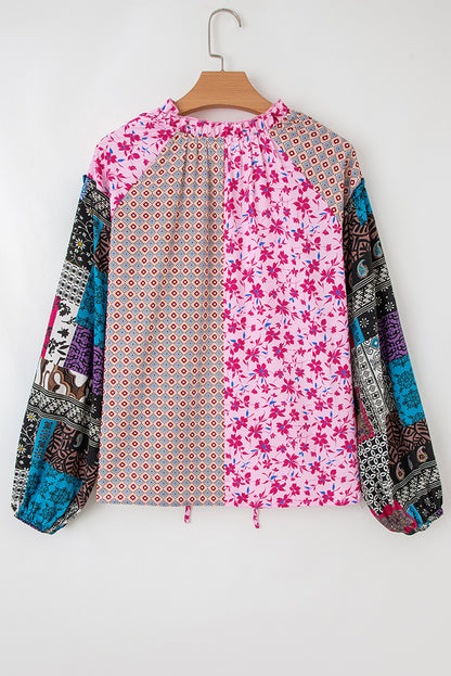 Premium Pink Boho Mixed Floral Drop Shoulder Bubble Sleeve Blouse