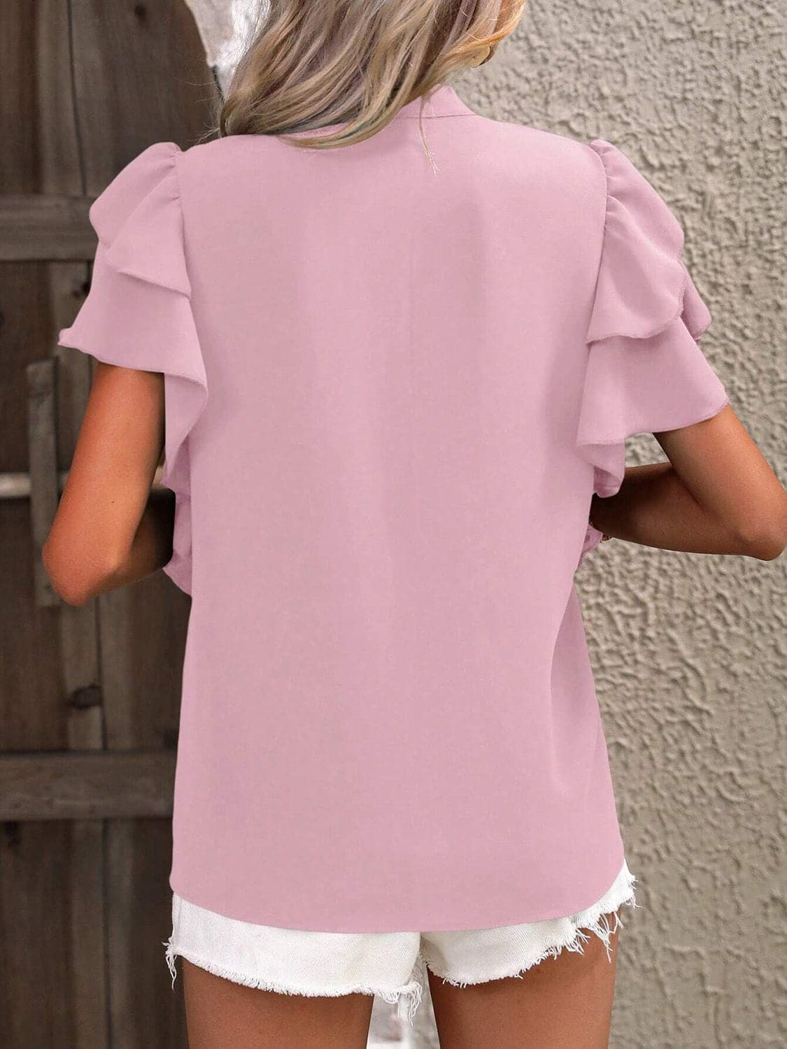 Ruffled Notched Short Sleeve Blouse.