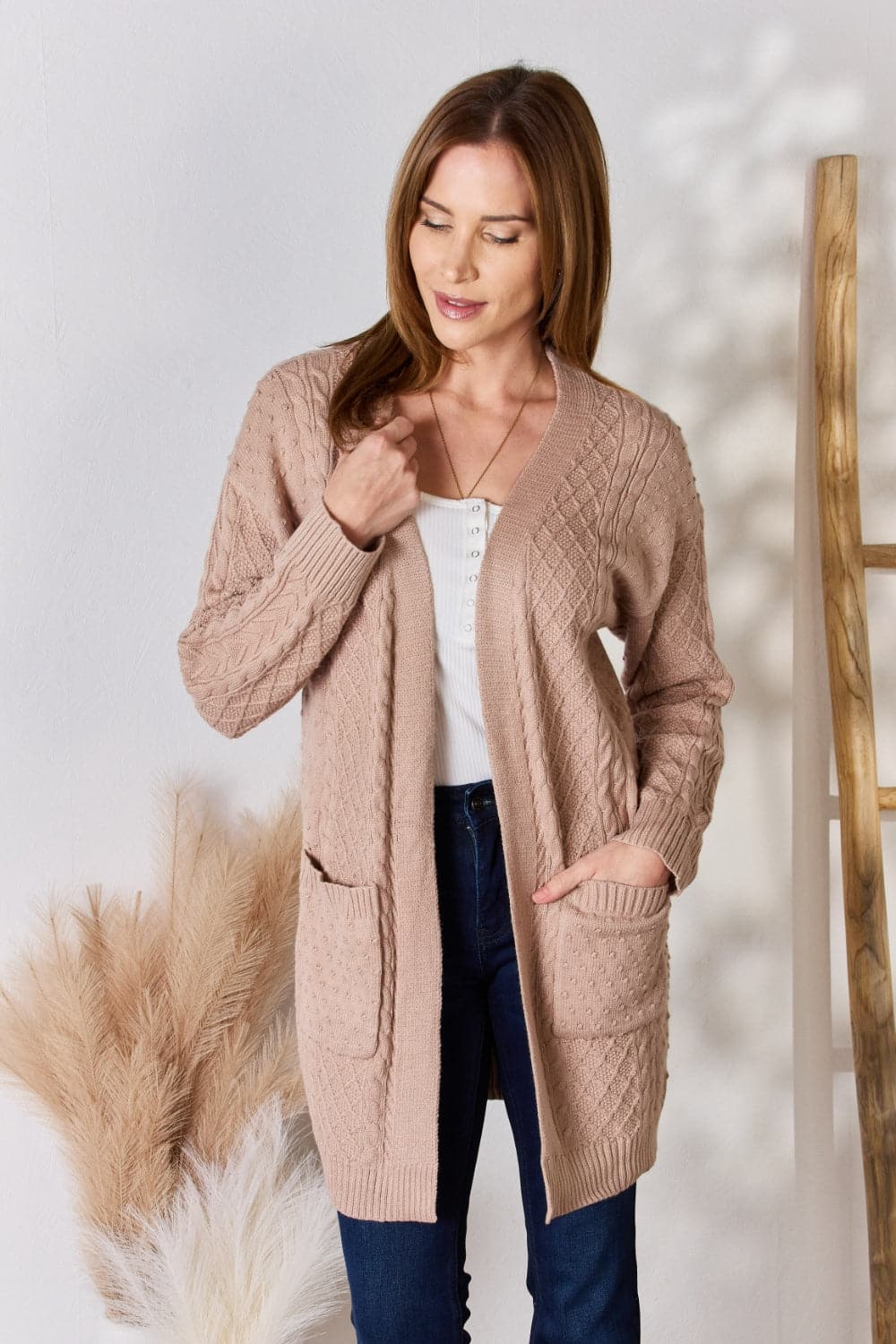 Hailey & Co Full Size Cable-Knit Pocketed Cardigan.