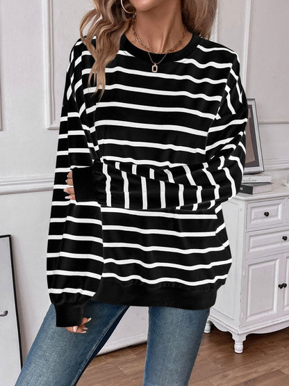 Striped Round Neck Long Sleeve Sweatshirt.