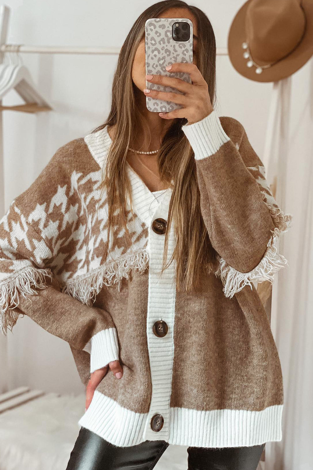 Khaki Houndstooth Color Block Cardigan Women V Neck With Raw Edge Front Button Dear-Lover Dropshipping