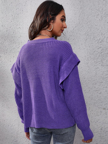 Ruffled Round Neck Dropped Shoulder Sweater.