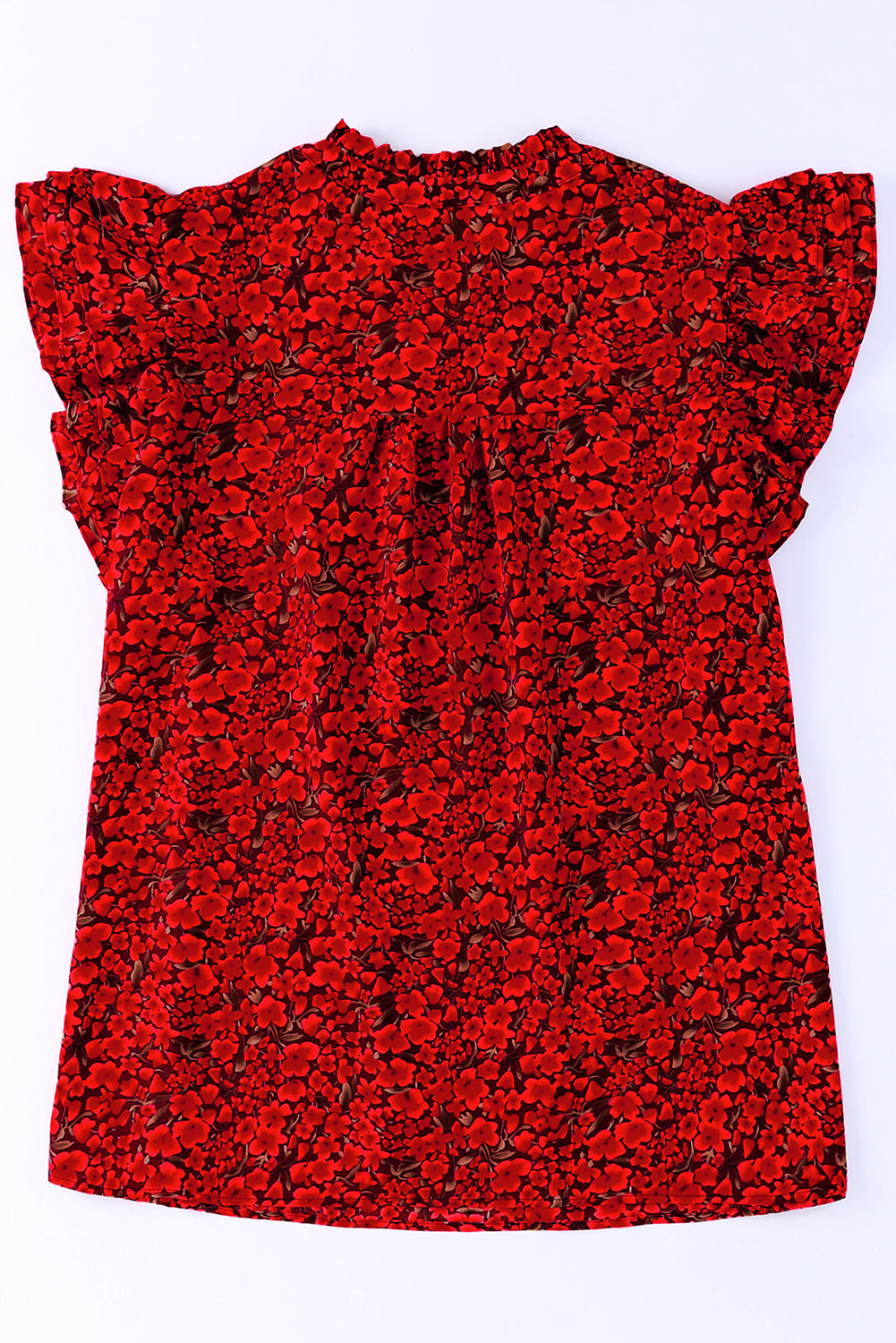 Fiery Red Rose Floral Print Ruffle Sleeve Plus Size Top