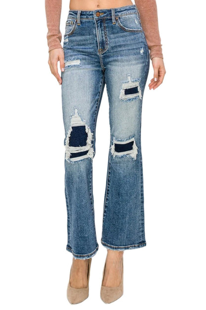 Risen Full Size High Rise Distressed Ankle Flare Jeans.